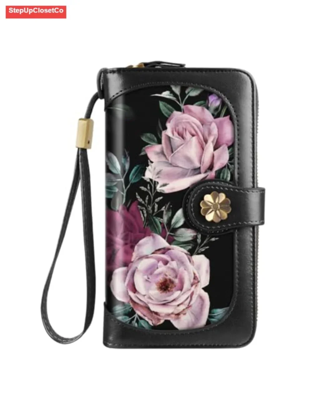 Large Capacity Genuine Leather RFID Blocking Wristlet Wallet with Floral Design